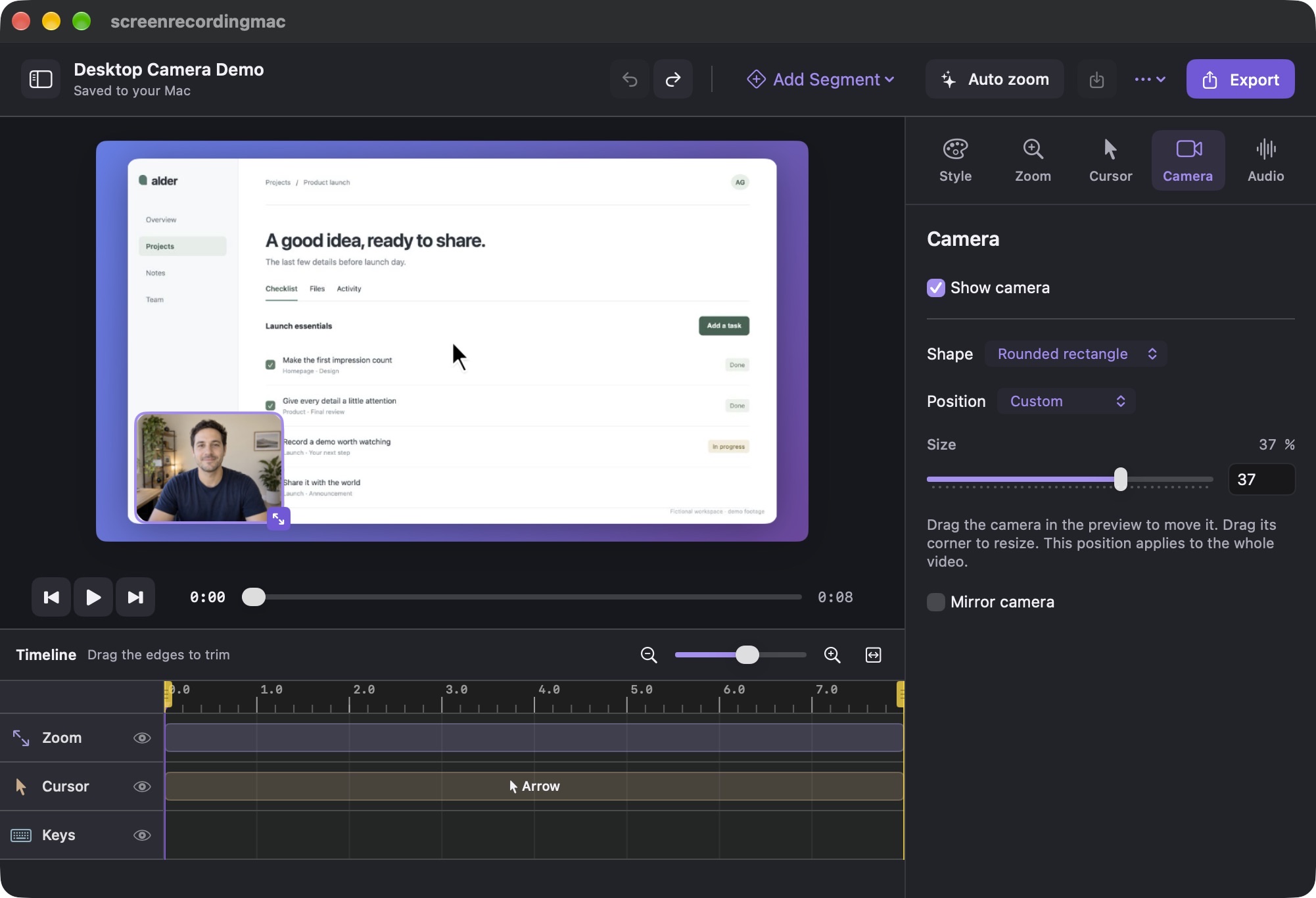 The native screenrecordingmac editor in dark mode, with a desktop video, presenter camera window and editing timeline.