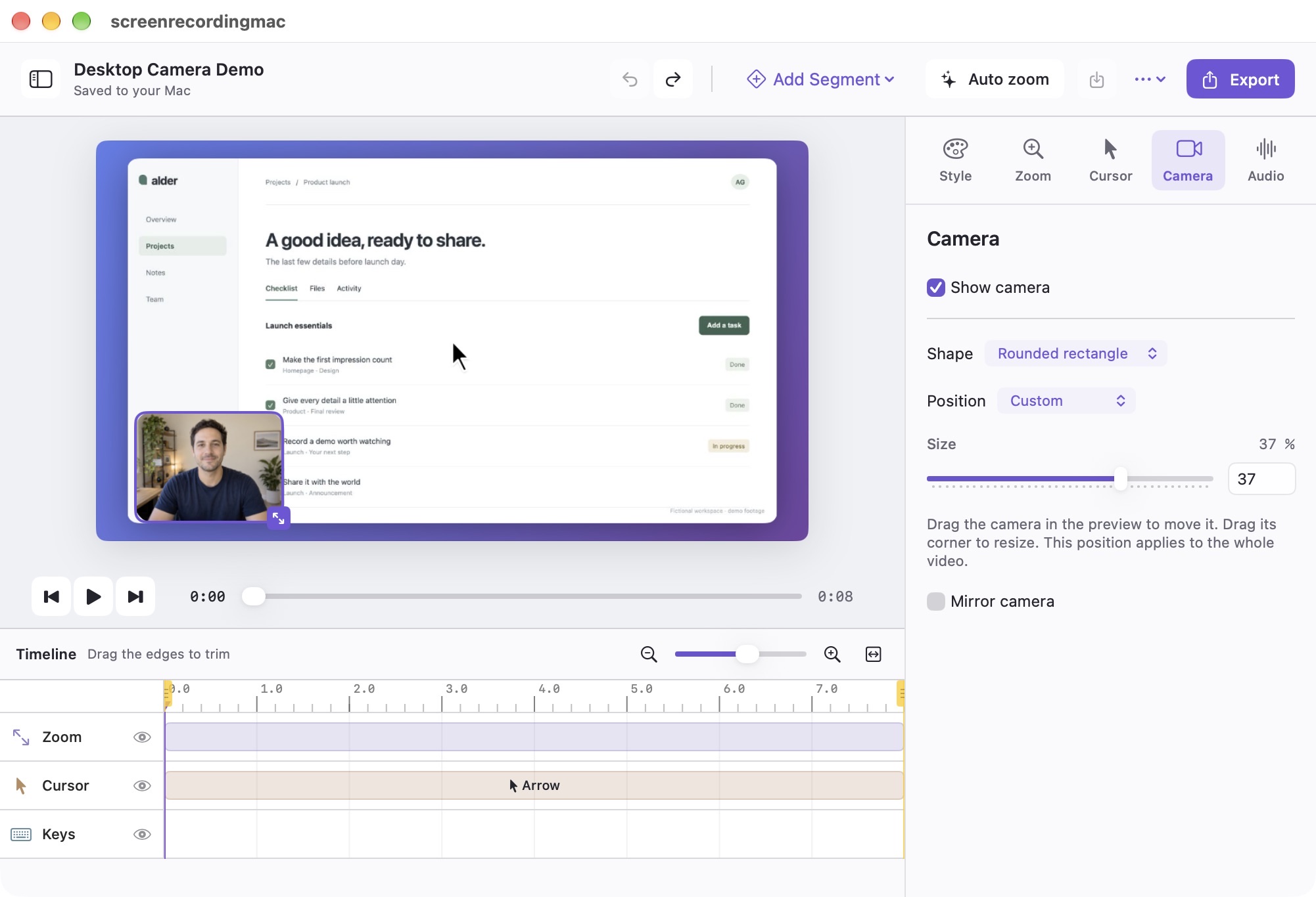 The native screenrecordingmac editor showing a desktop demo, draggable presenter camera window, timeline and camera controls.